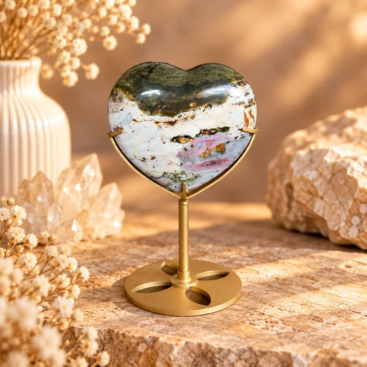 Natural Ocean Jasper crystal heart on gold-tone stand – Piece 3