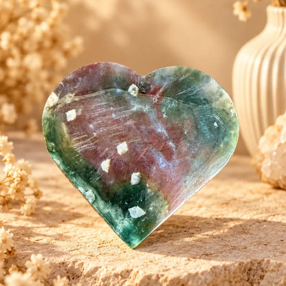 Large Ocean Jasper crystal heart reverse view showing unique natural markings and polished heart shape