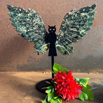 Ocean Jasper Crystal Wings with Owl Stand – Wisdom, Calm & Spiritual Healing