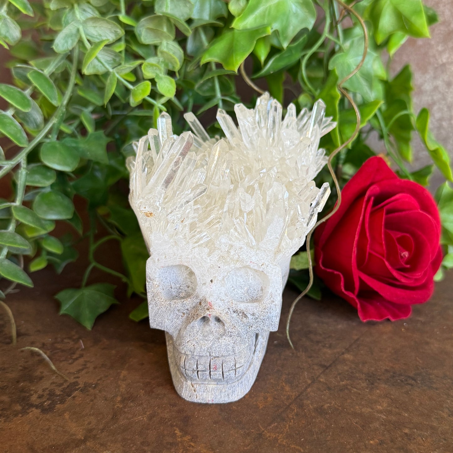 One-of-a-kind Clear Quartz Cluster Skull 638g with natural crystal points for spiritual healing, clarity, energy amplification, protection, meditation, and sacred décor
