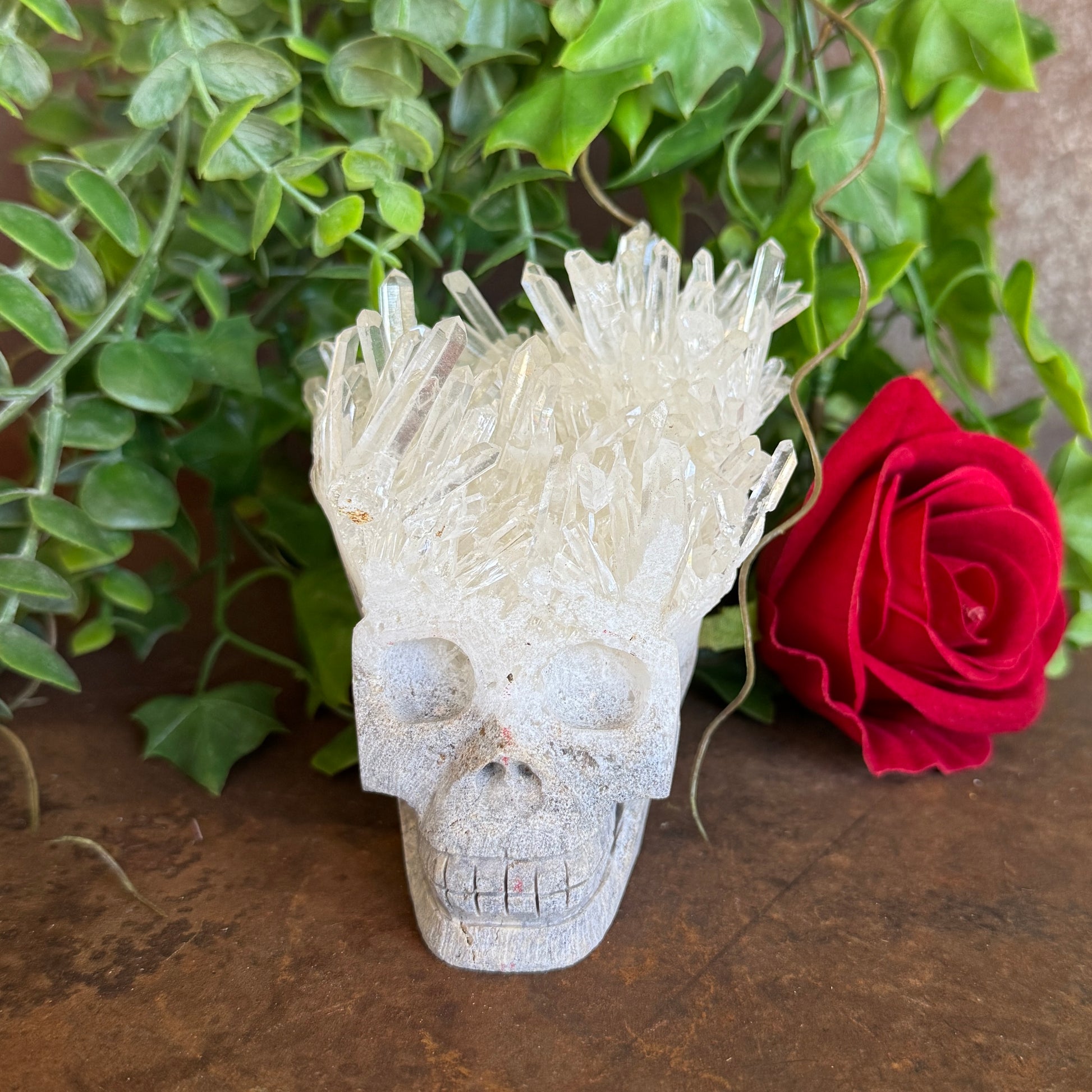 One-of-a-kind Clear Quartz Cluster Skull 638g with natural crystal points for spiritual healing, clarity, energy amplification, protection, meditation, and sacred décor