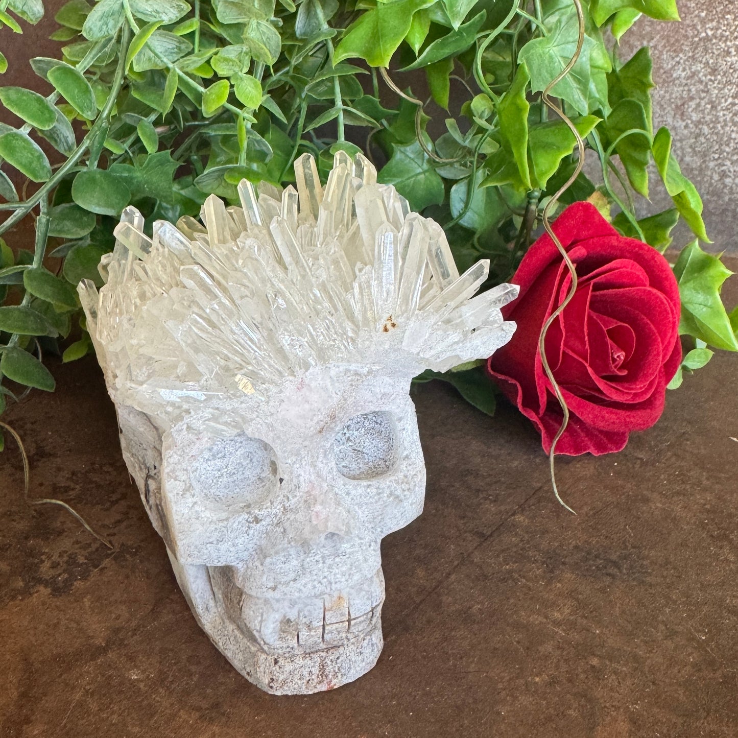 One-of-a-kind Clear Quartz Cluster Skull 714g with natural raw crystal points for spiritual healing, clarity, protection, meditation, and sacred décor