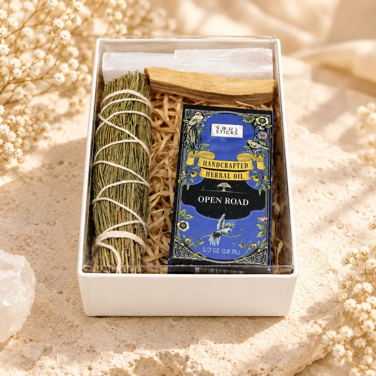 Open Road Intention Kit Gift Set with Mountain Sage smudge stick, Palo Santo, Selenite wand and 10ml Open Road herbal oil in gift box