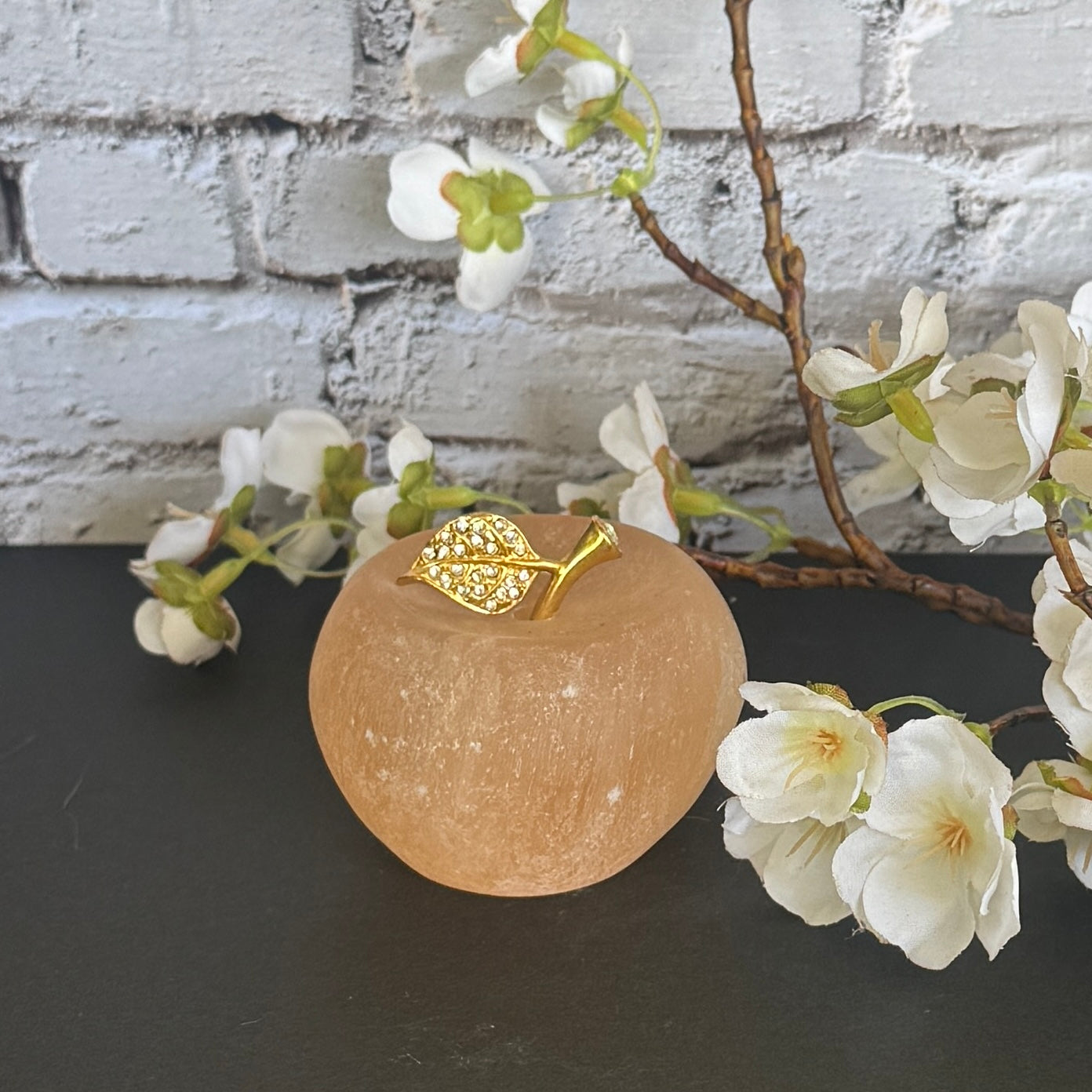 Selenite Apple crystal with diamante stem for energy cleansing, spiritual healing, protection, and clarity