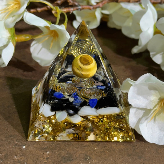 Triple Spiral Orgonite Pyramid with Moonstone, Lapis Lazuli, and Black Obsidian for spiritual protection, intuition, energy cleansing, grounding, and emotional healing.