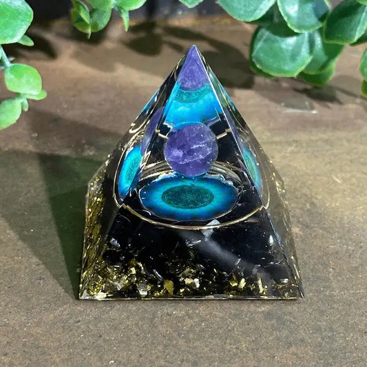 Amethyst black obsidian orgonite pyramid Australia for energy protection, grounding and cleansing
