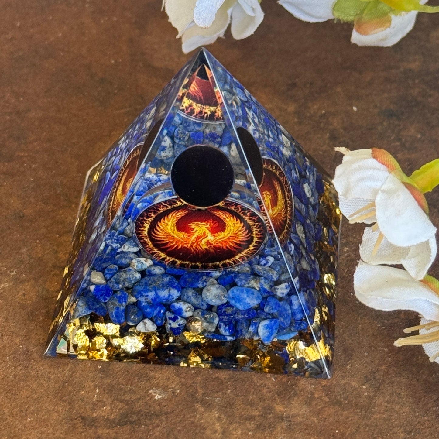 Lapis Lazuli & Black Obsidian Orgonite Pyramid with Phoenix Symbol – Spiritual Protection, Rebirth & Spiritual Decor