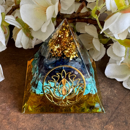 Orgonite Pyramid with Lotus Symbol – Abundance, Protection & Spiritual Healing
