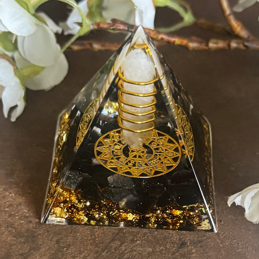 Black Obsidian and Clear Quartz Orgonite pyramid for spiritual protection, energy cleansing, grounding, and emotional healing