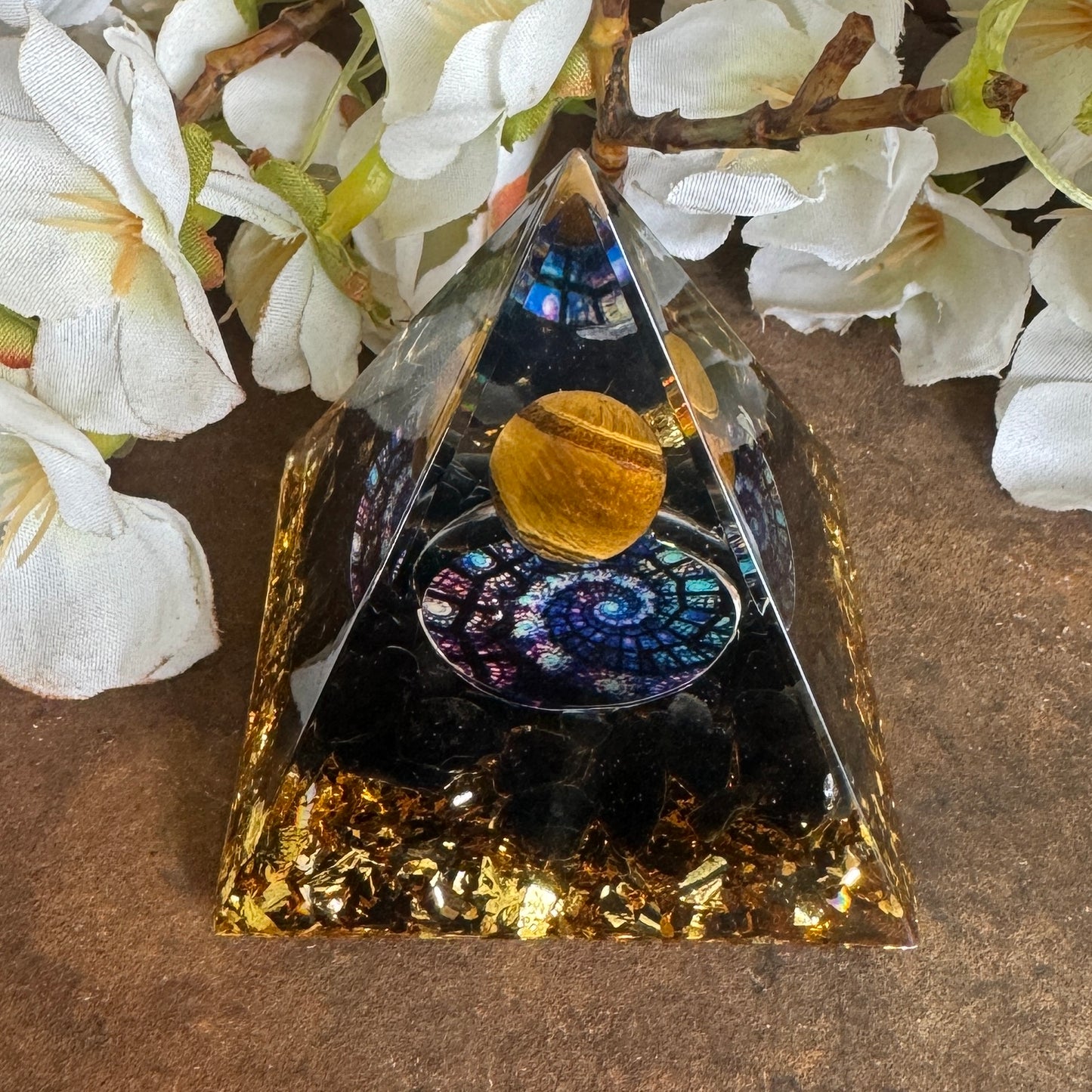 Orgonite Pyramid with Obsidian, Tiger’s Eye Sphere & Spiral Symbol