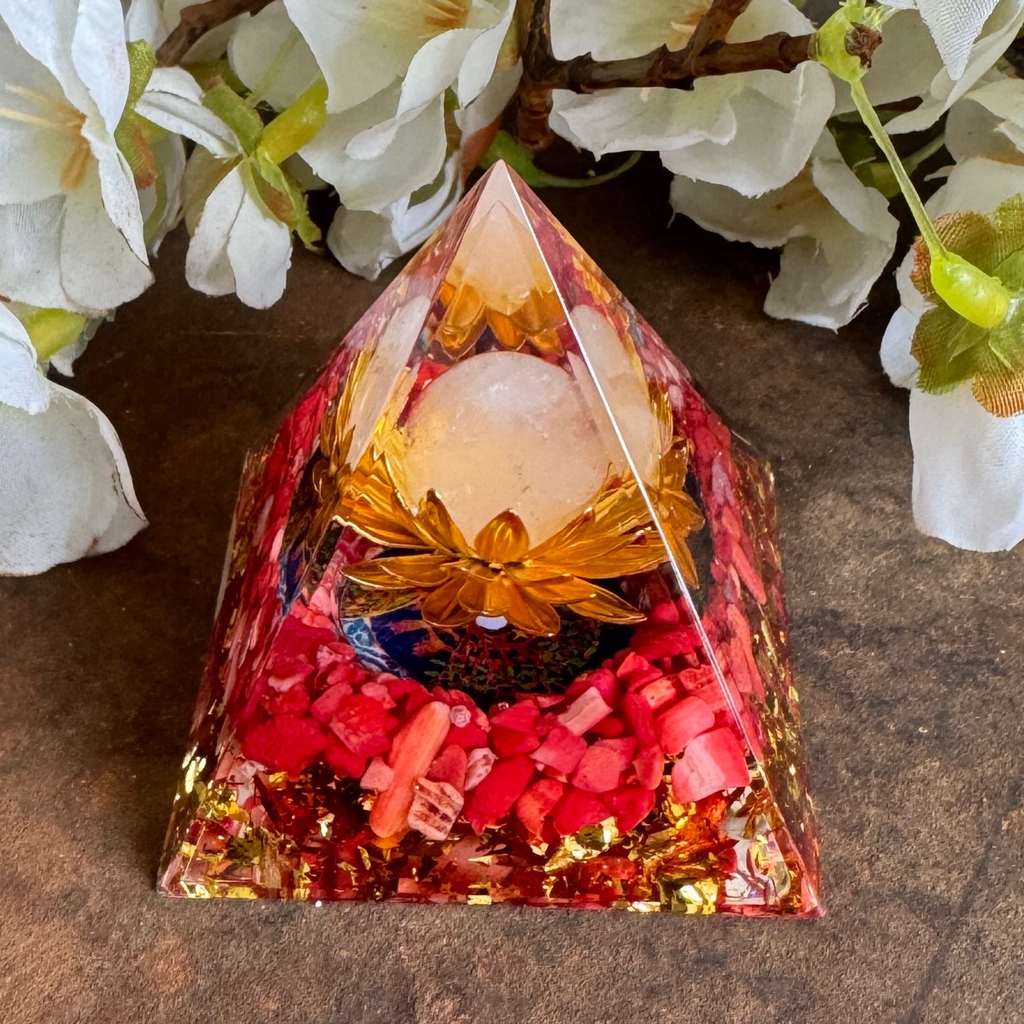 Red Jasper Lotus Orgonite Pyramid – Grounding, Stability & Energy Balance