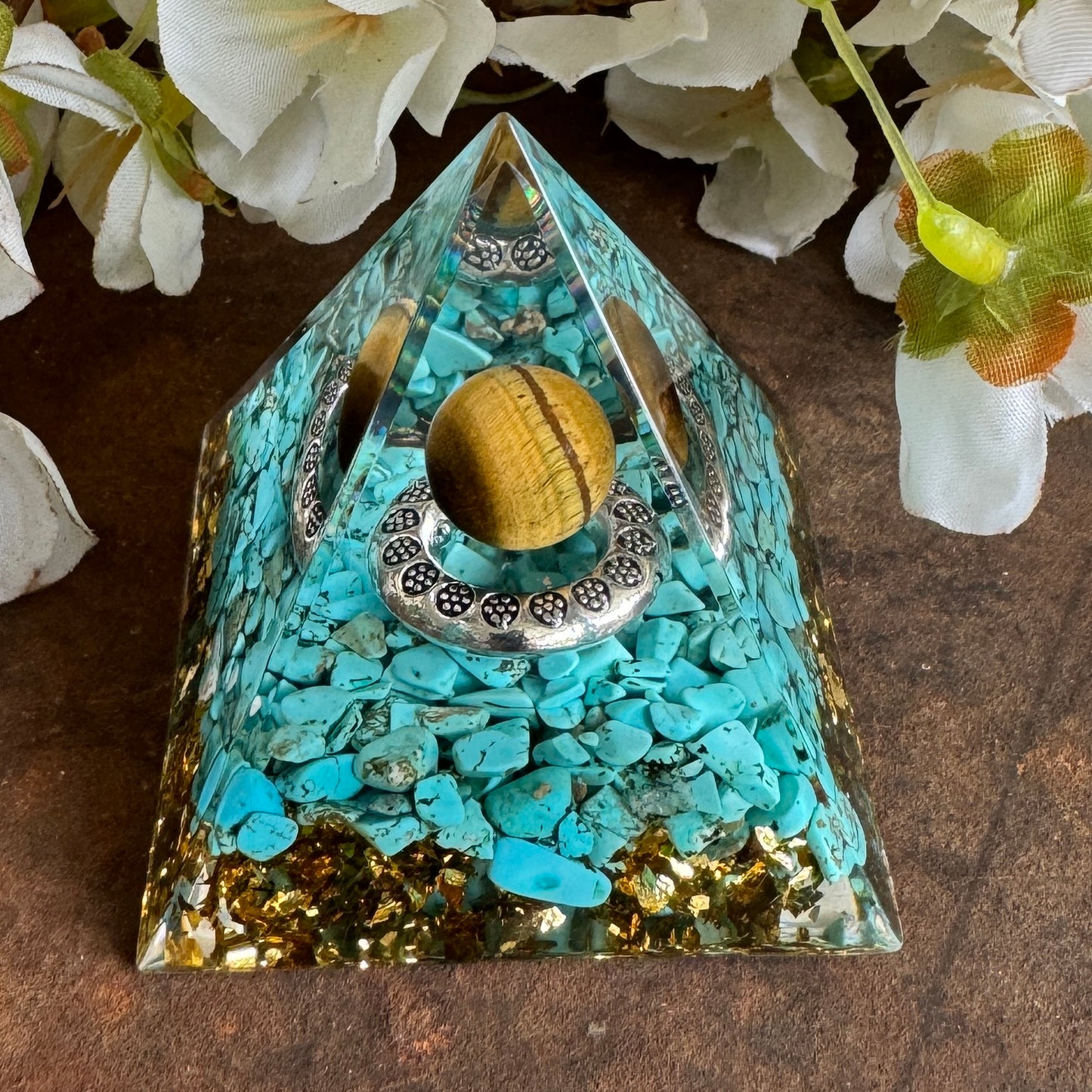 Orgonite Pyramid with Turquoise & Tiger’s Eye Sphere – Protection, Healing & Confidence