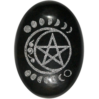 Black Tourmaline palm stone engraved with pentacle moon design