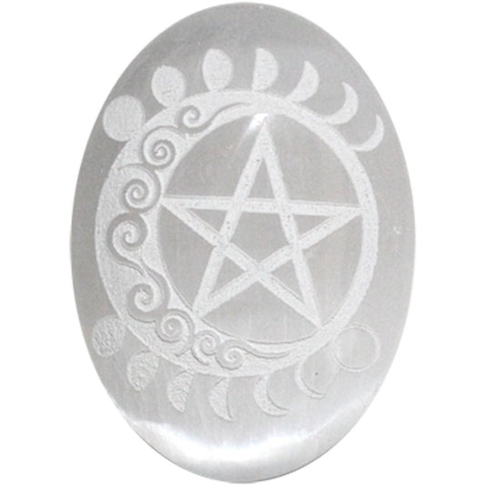 Selenite Pentacle Moon Engraved Palm Stone – Spiritual Protection, Clarity & Divine Connection