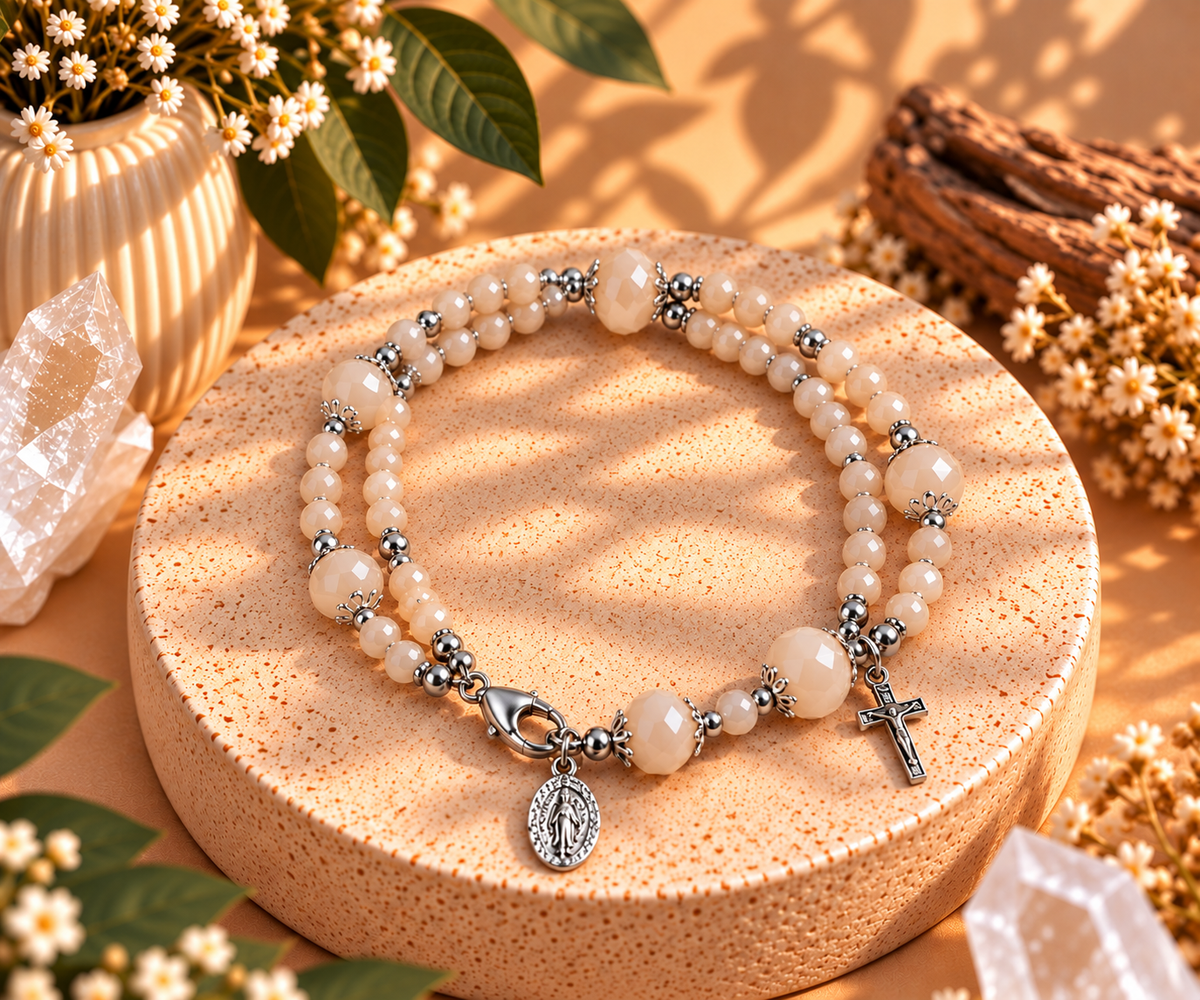 Peach double-strand bracelet with 4mm and 7mm beads, devotional charm, Crucifix and lobster claw clasp