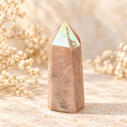 449g Aura Peach Moonstone crystal tower on warm cream background