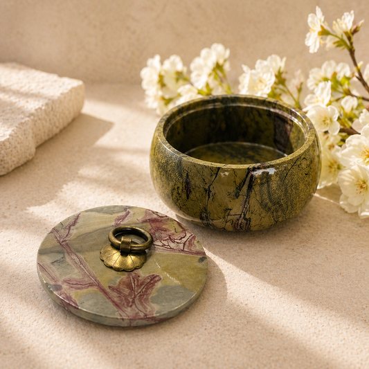 Picture Jasper Bowl with Lid for grounding energy, emotional balance, jewellery storage, sacred keepsakes and spiritual décor.