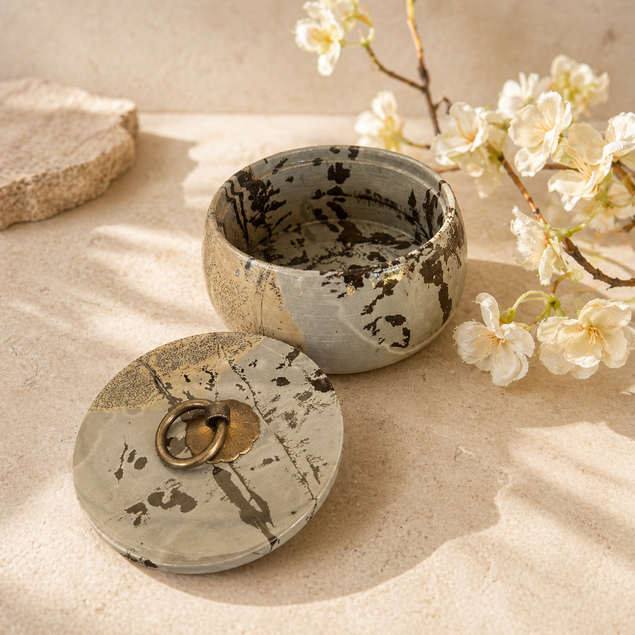 Picture Jasper Bowl with Lid for grounding energy, emotional balance, jewellery storage, sacred keepsakes and spiritual décor.