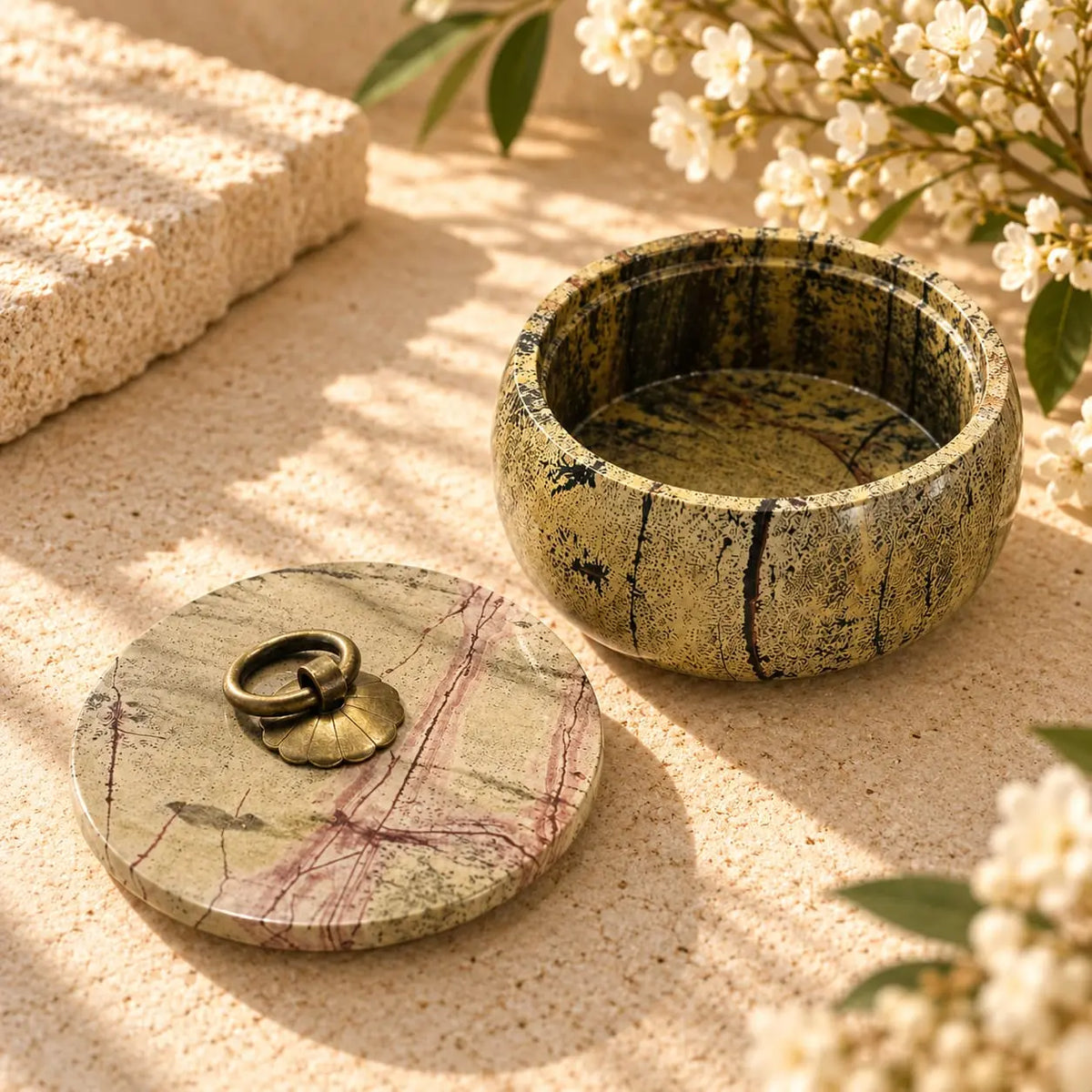 Picture Jasper bowl with lid B, exact piece with earthy natural landscape-like patterning