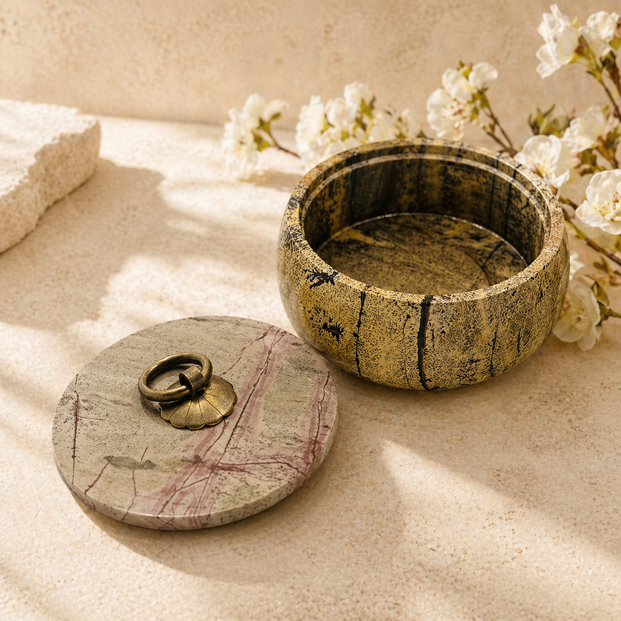 Picture Jasper Bowl with Lid for grounding energy, emotional balance, jewellery storage, sacred keepsakes and spiritual décor.