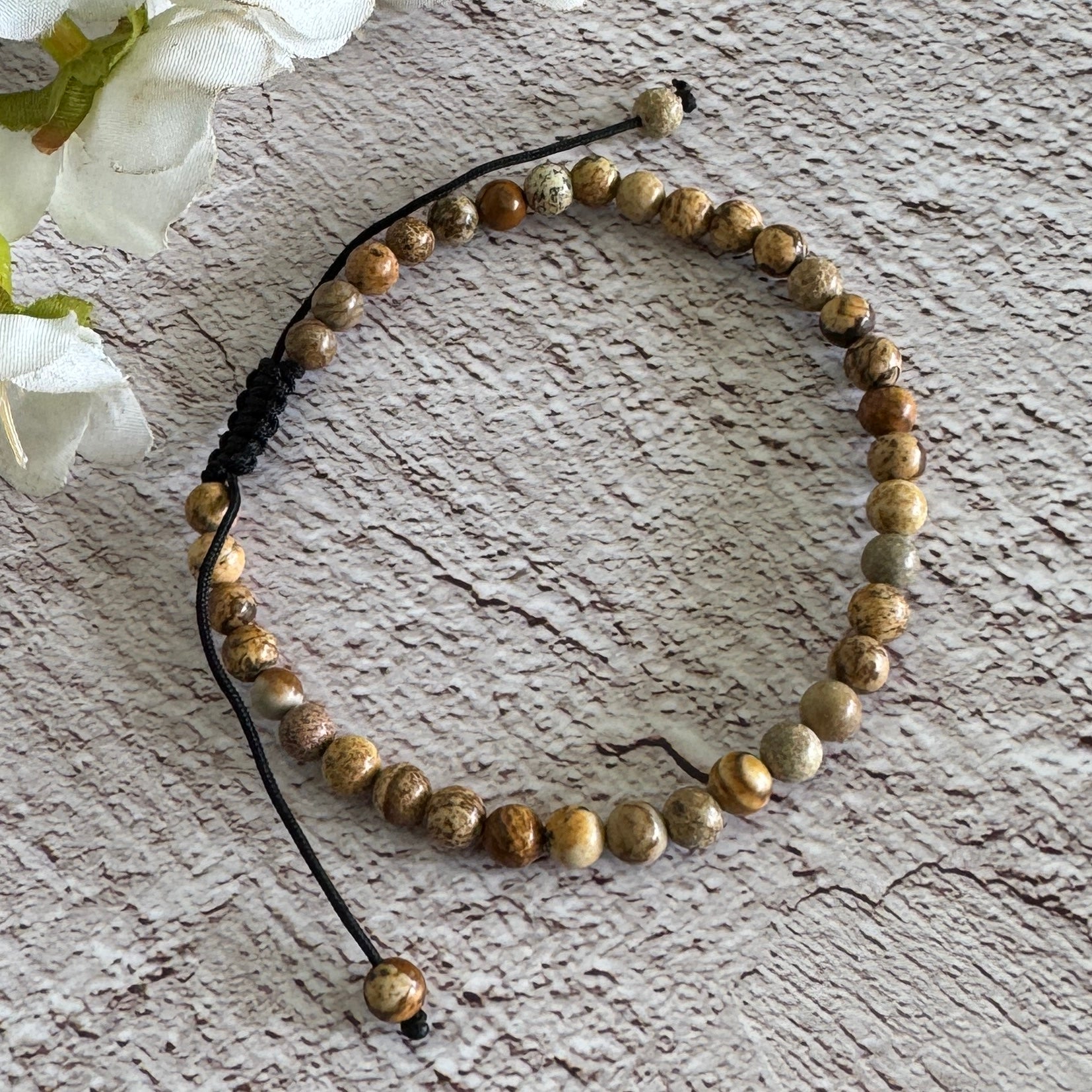 Picture Jasper 4mm crystal bracelet adjustable unisex for grounding energy, emotional balance and spiritual jewellery daily wear