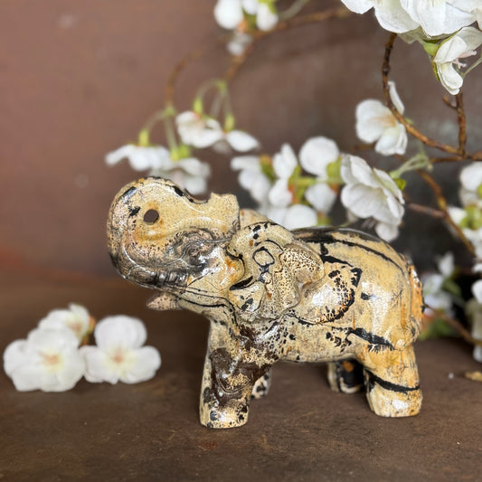 Picture Jasper Crystal Elephant carving for grounding energy, protection, emotional balance, strength and spiritual décor.