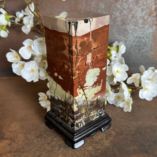 Picture Jasper crystal on timber stand for grounding energy, calm, emotional balance and spiritual décor statement piece.