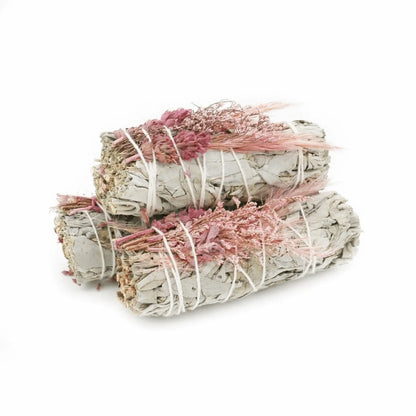 Pink Bouquet White Sage Smudge Stick 10cm for love, emotional healing, energy cleansing, spiritual protection, and rituals