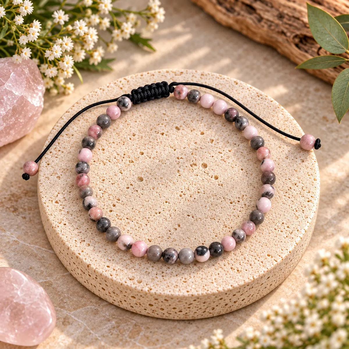 Pink Zebra Jasper 4mm adjustable crystal bracelet with black cord