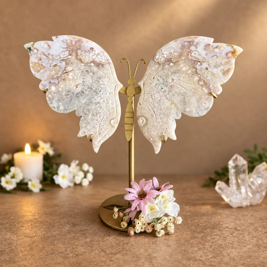 Crystal Butterfly Sculpture – Pink Amethyst Crystal Wings on Stand