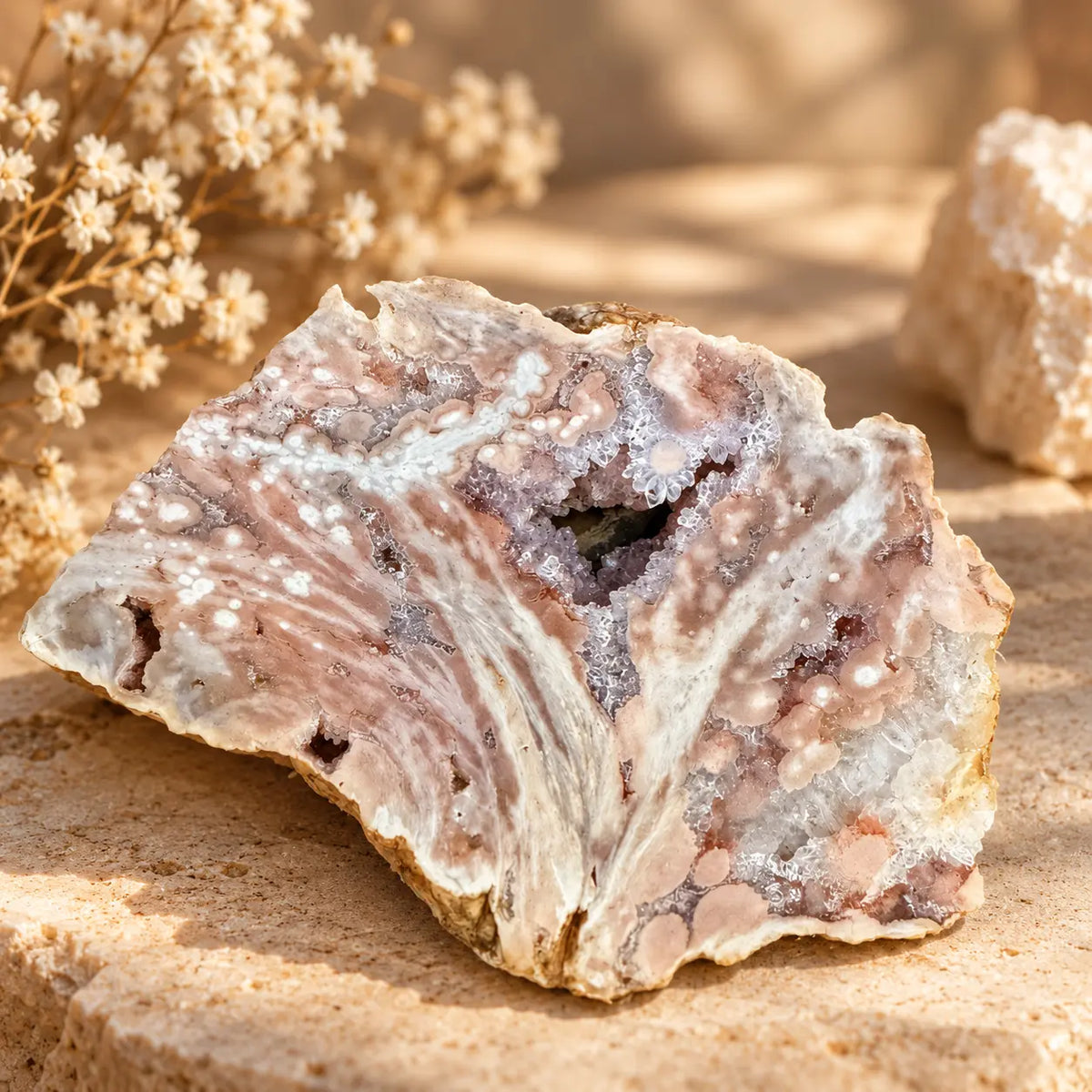 Pink Amethyst crystal slice 314g with natural blush tones and visible quartz formation