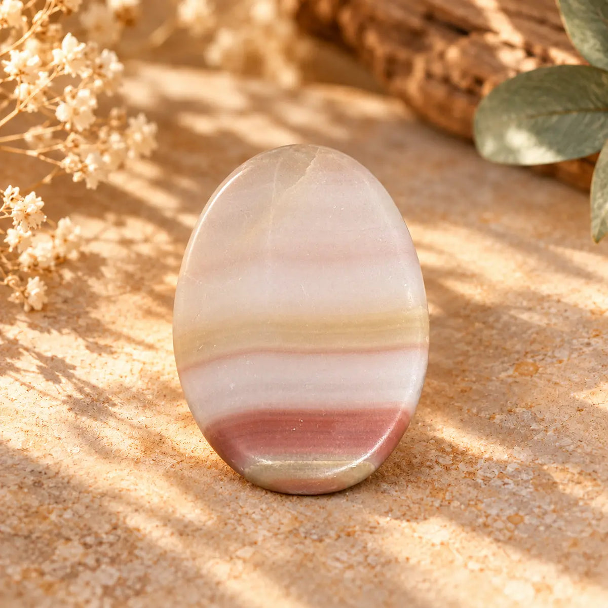 Pink Onyx palm stone 66g approx. 6.5 × 4.5 cm