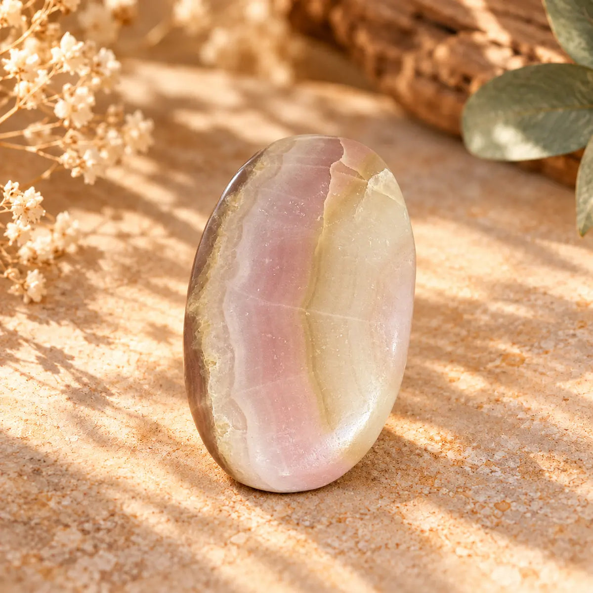 Pink Onyx palm stone 81g approx. 6 × 4 cm