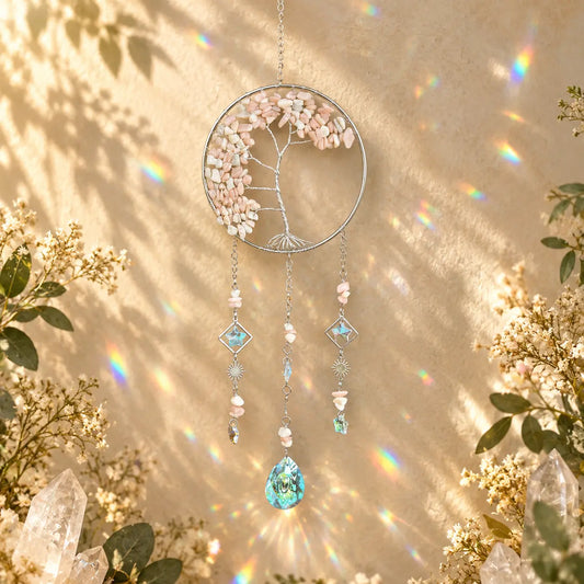 Pink Opal Tree of Life crystal suncatcher with soft pink gemstones and tree design