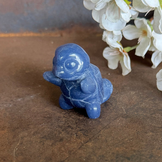 Blue Aventurine Squirtle-inspired crystal carving in soft blue-grey stone with natural colour variation