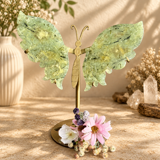 Prehnite Crystal Wings on Butterfly Stand – Heart Healing, Peace & Renewal