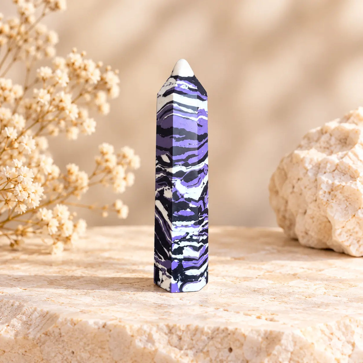 Purple dyed Zebra Jasper crystal tower 160g, approximately 12 x 3 x 4 cm, individual polished tower