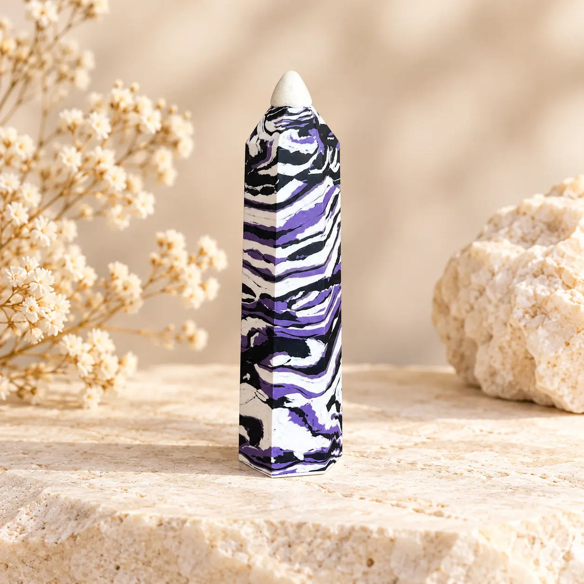 Purple dyed Zebra Jasper crystal tower 165g, approximately 12.5 x 3 x 3 cm, individual polished tower