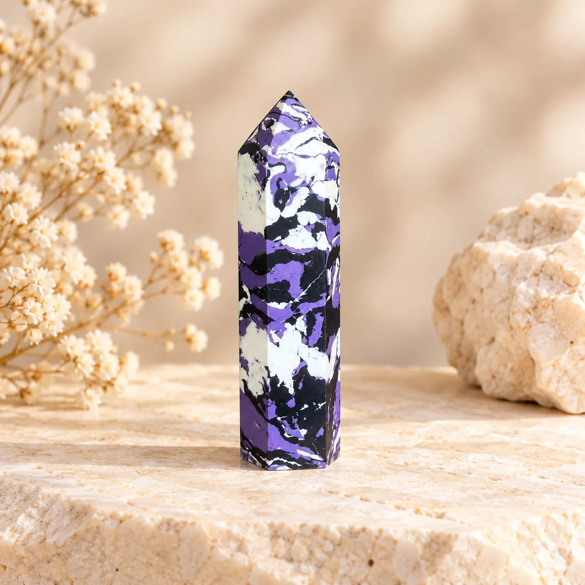 Purple dyed Zebra Jasper crystal tower 202g, approximately 12.5 x 3 x 3.5 cm, individual polished tower