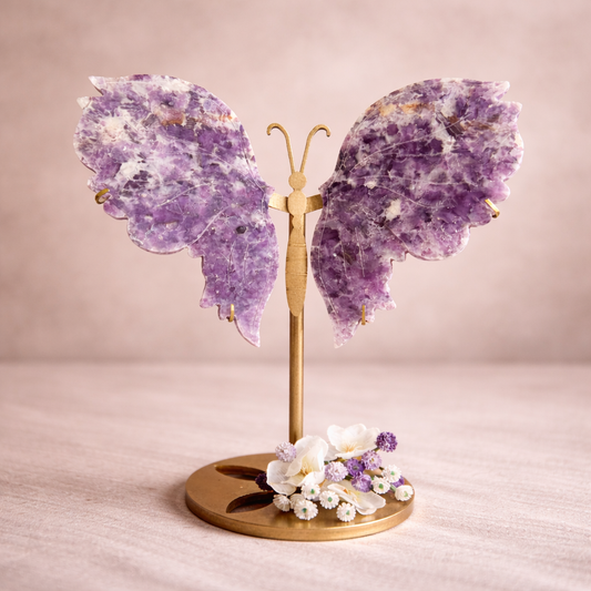Purple Mica Crystal Wings on Butterfly Stand for emotional healing, intuition, clarity, and transformation