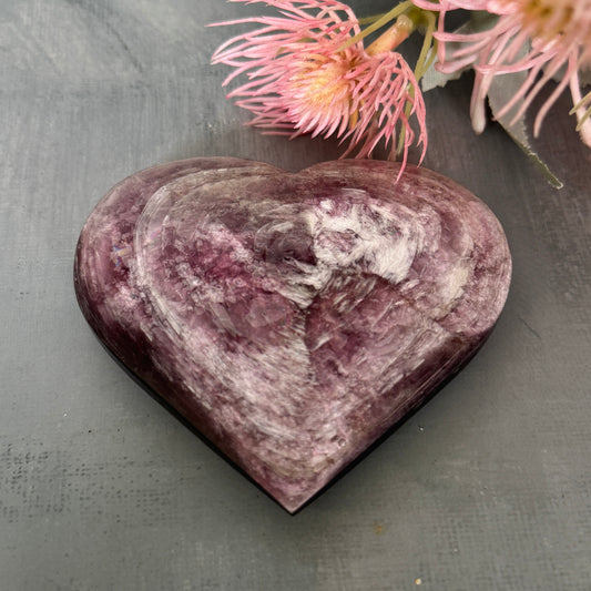 Purple Mica Lepidolite crystal heart for emotional healing, calm, inner peace, and spiritual balance