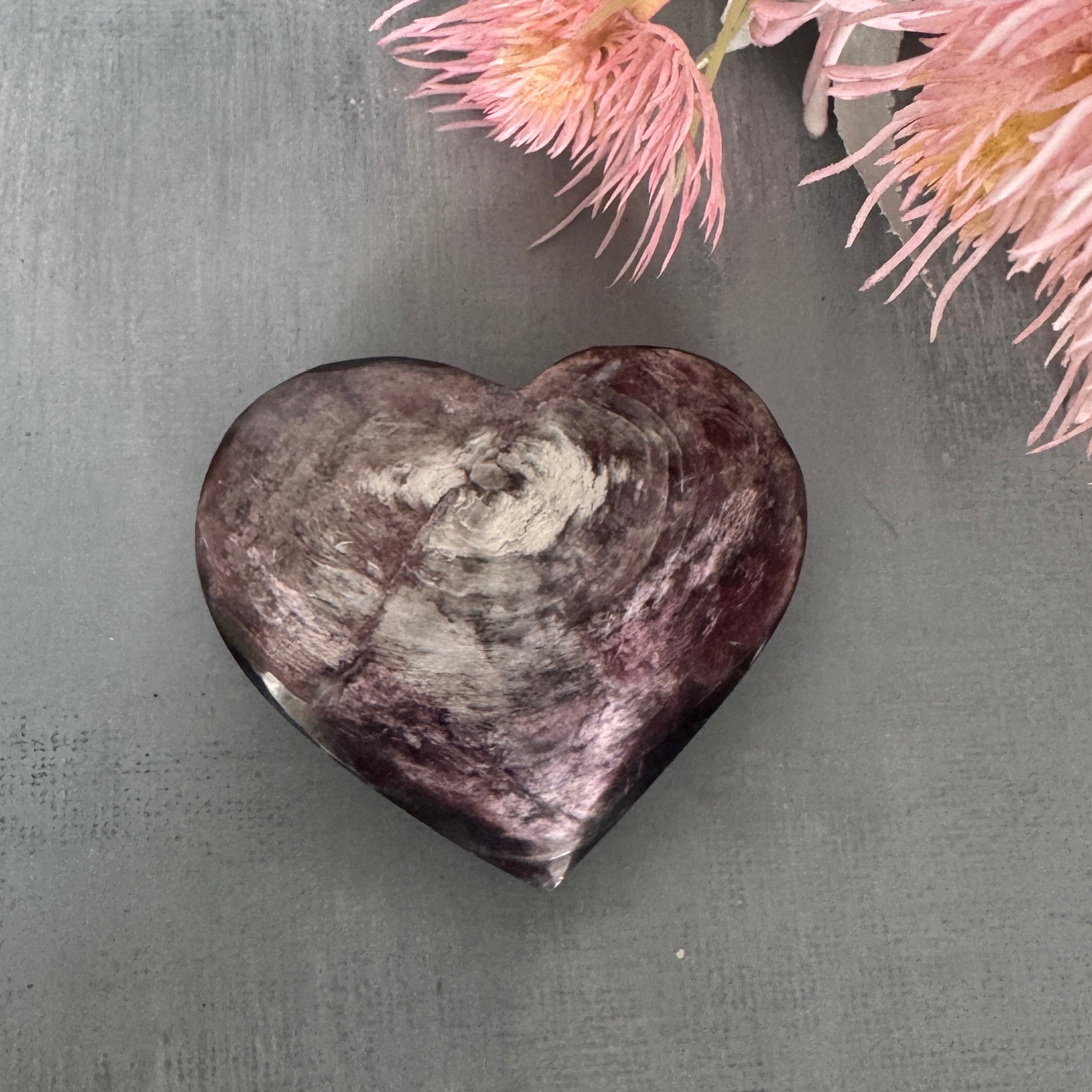 Purple Mica Lepidolite crystal heart for emotional healing, calm, inner peace, and spiritual balance
