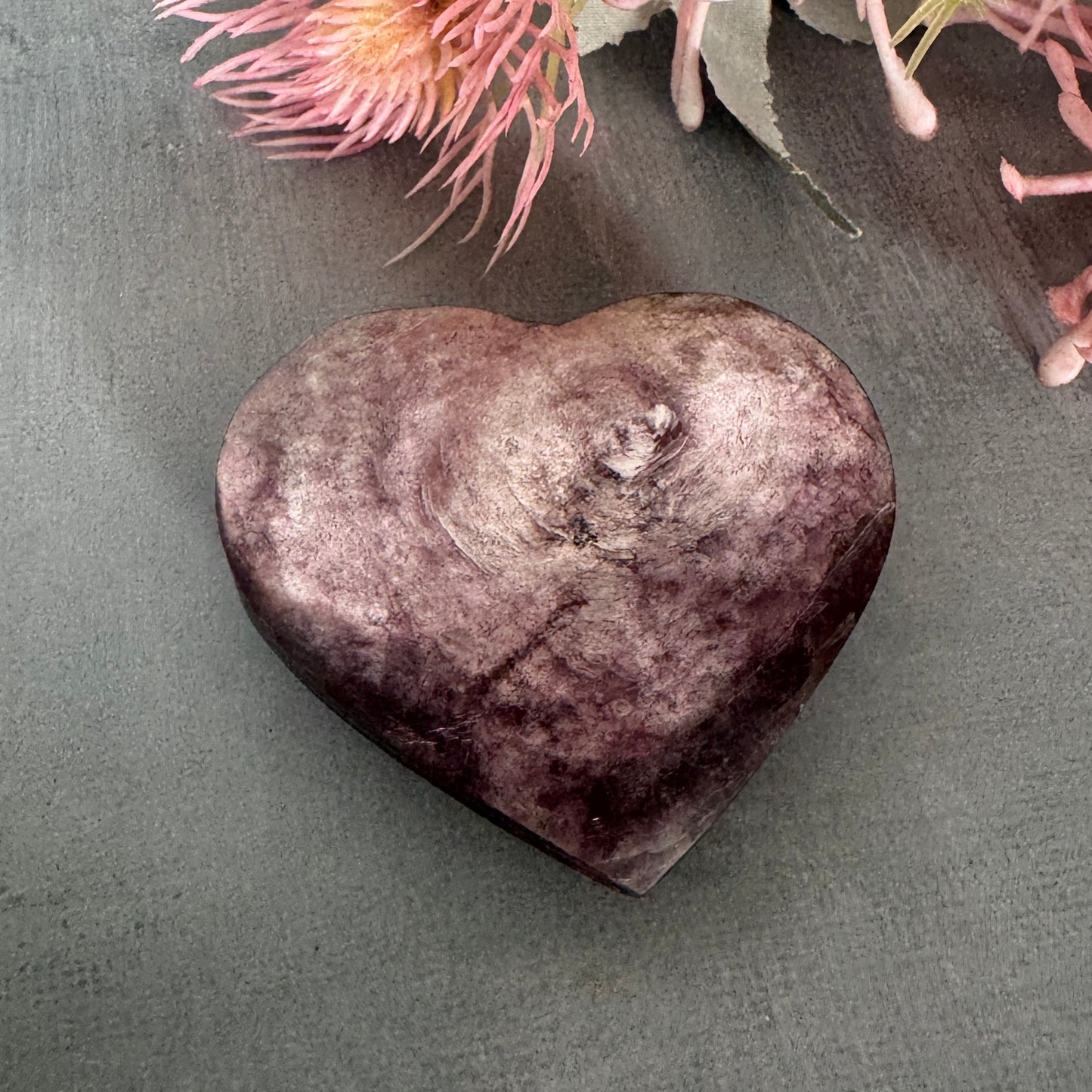 Purple Mica Lepidolite crystal heart for emotional healing, calm, inner peace, and spiritual balance