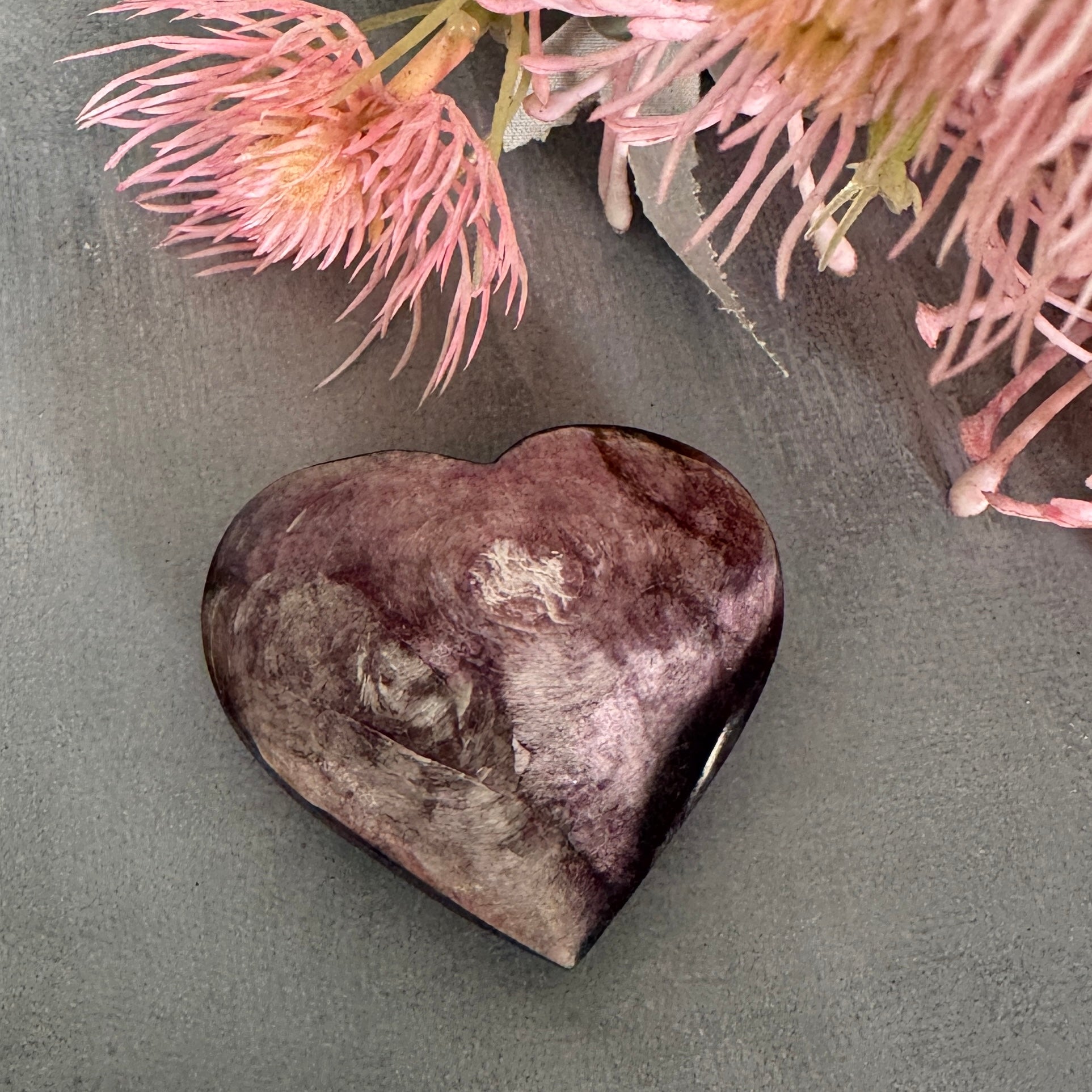 Purple Mica Lepidolite crystal heart for emotional healing, calm, inner peace, and spiritual balance