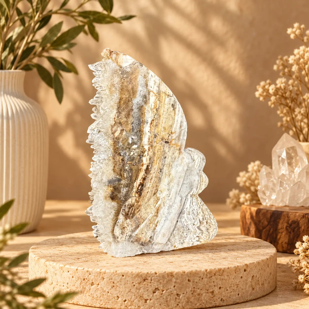 Quartz geode mermaid carving 121g with warm banded tan and cream body and dramatic raw white crystal cluster edge, styled on a travertine plinth