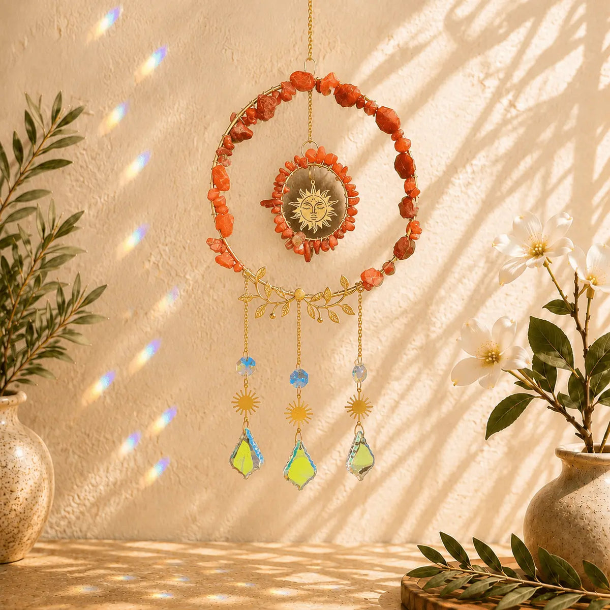 Red Jasper crystal suncatcher with earthy red gemstones, gold sun charms and clear crystal prisms