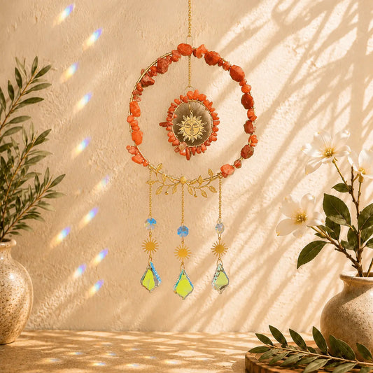 Red Jasper crystal suncatcher with earthy red gemstones, gold sun charms and clear crystal prisms