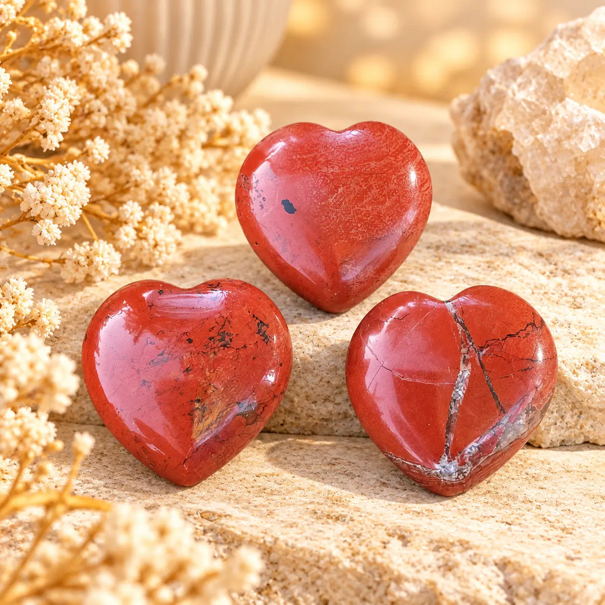 Polished red jasper crystal heart carving, approximately 3 cm