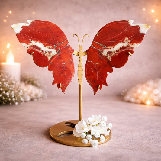 Red Jasper Crystal Wings on Butterfly Stand, red crystal wings décor for grounding, protection, emotional strength, and spiritual healing