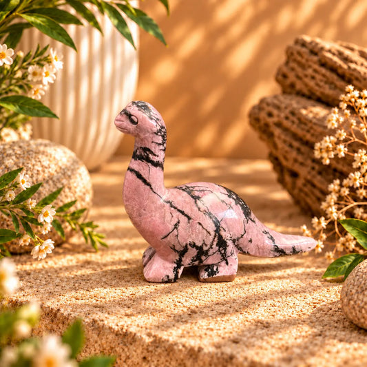Rhodonite crystal dinosaur carving approximately 7cm tall